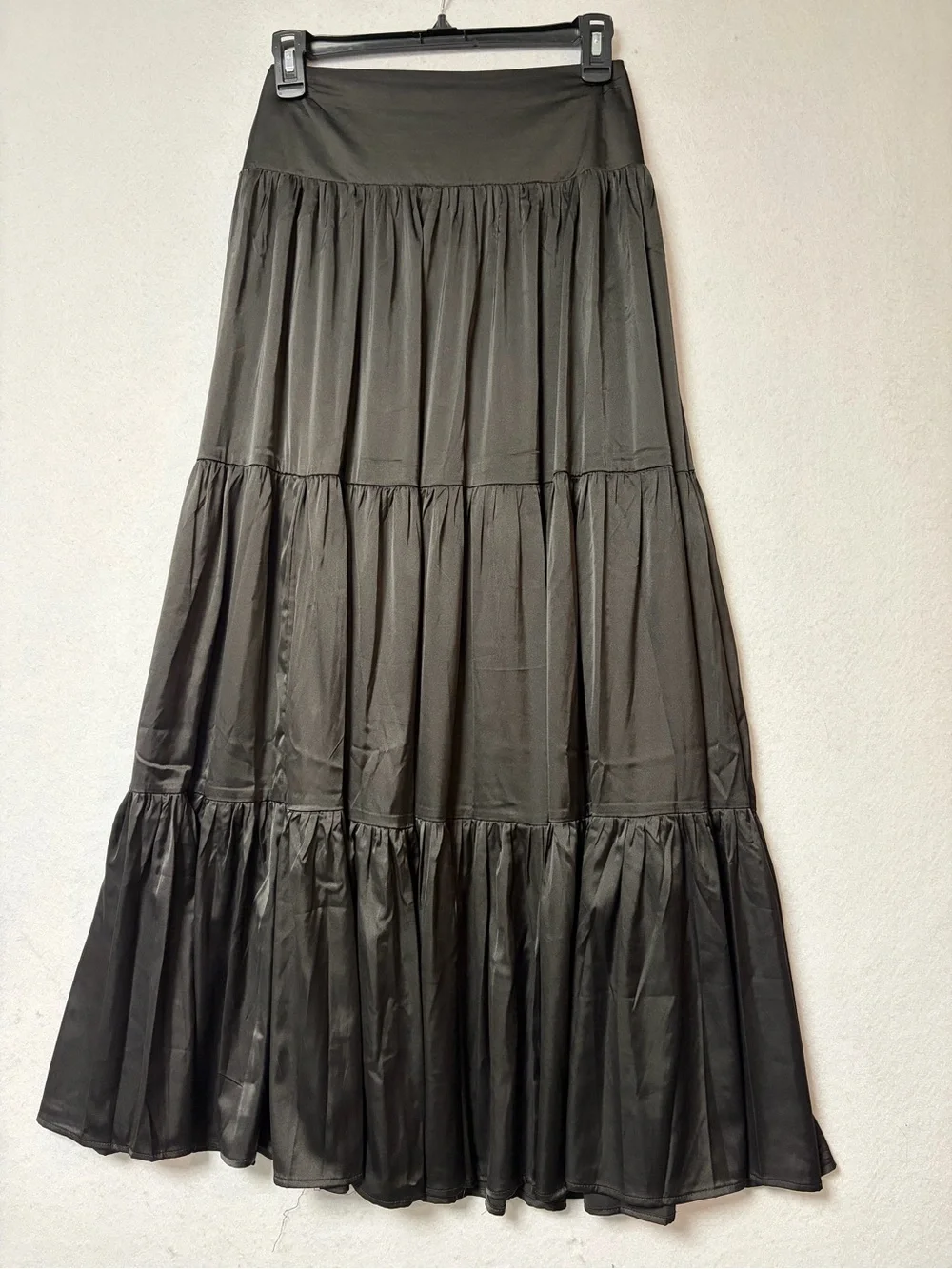 Natural Life Black Satin Boho Maxi Skirt Flowy Tiered Cottagecore Size Medium